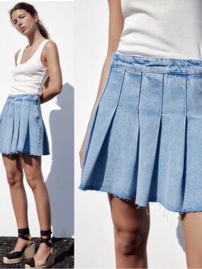 Zara Light Blue Pleated Denim Mini Skirt